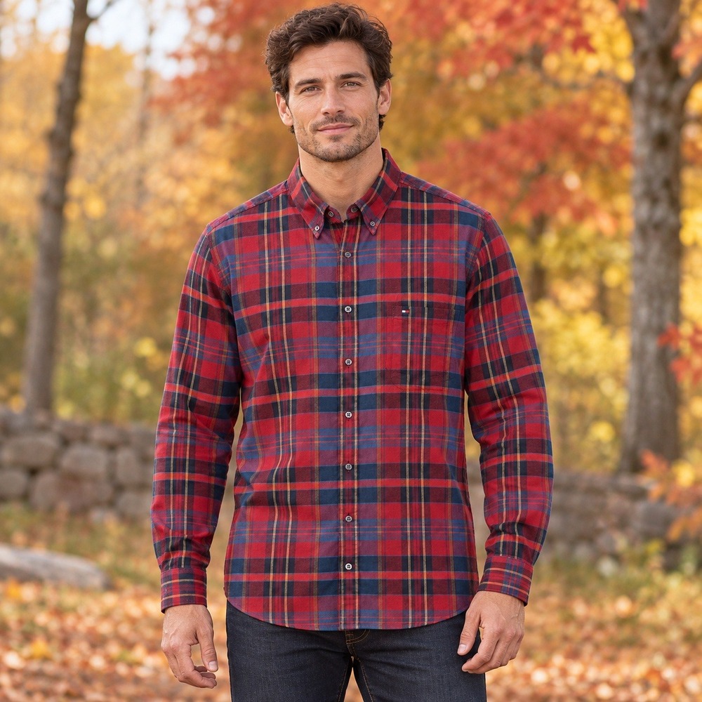 Tommy Hilfiger Mens XXL Classic Fit Plaid Button Down Shirt Red Blue Cotton